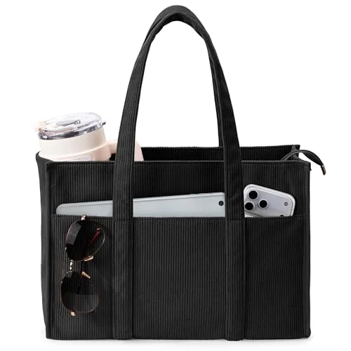 Corduroy Tote Bag, cup holder, Black, Large