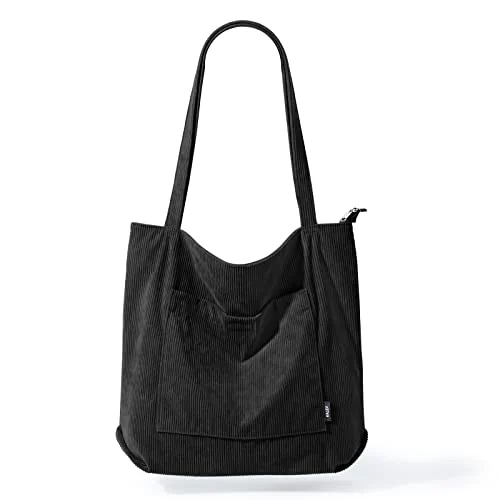 Corduroy Tote Bag, Black, Large