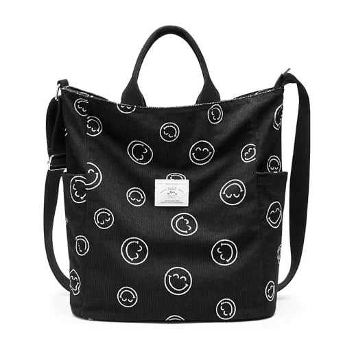Corduroy Tote Bag, Black Happy