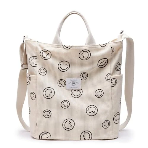 Corduroy Tote Bag, White Happy, Large