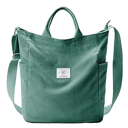 Corduroy Tote Bag, Green, Medium